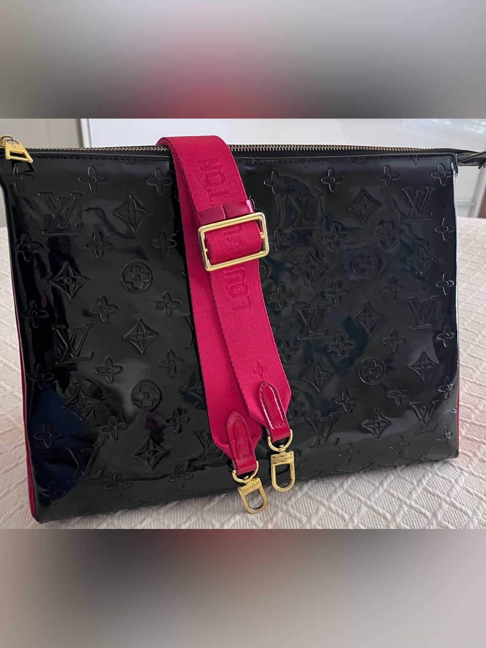 Stunning Black Patent Leather bag  with beautiful RED branded Strap 13x10